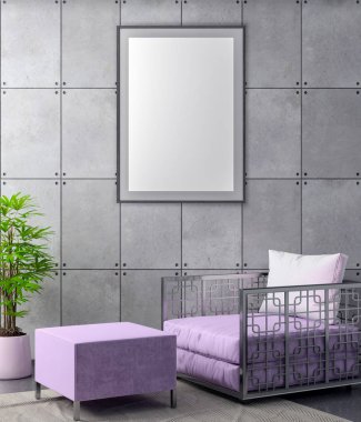 Poster çerçevesi hipster iç arka plan ve beton duvar, 3d çizim kadar alay