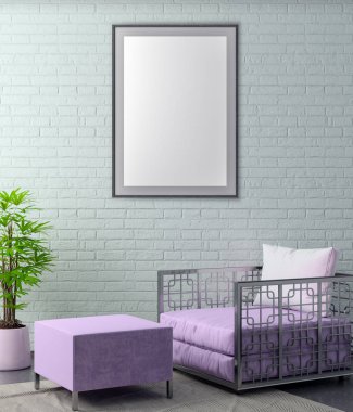 Poster çerçevesi hipster iç arka plan ve tuğla duvar, 3d çizim kadar alay
