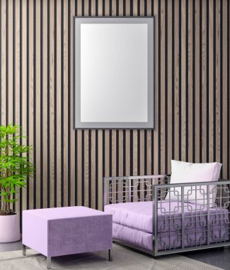 Poster çerçevesi içinde yenilikçi pembe renkler ve ahşap duvar plakalar, 3d illüstrasyon iç arka plan dalga
