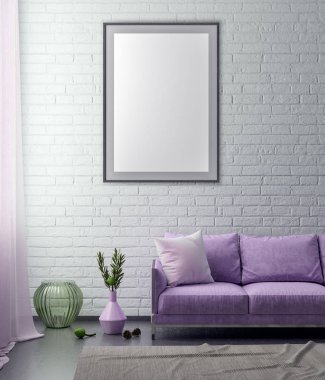 Poster çerçevesi hipster iç arka plan ve tuğla duvar, 3d çizim kadar alay