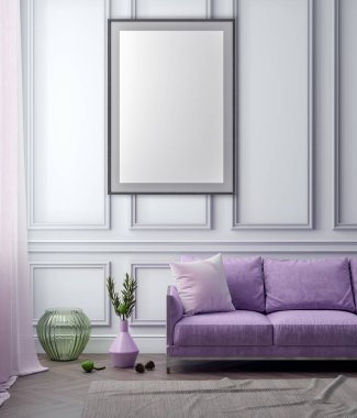 Poster çerçevesi iç arka plan ve klasik duvar, 3d çizim kadar alay