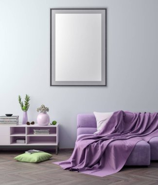 Poster çerçevesi hipster iç arka planda, 3d çizim kadar alay