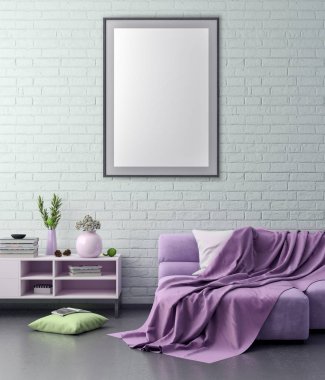 Poster çerçevesi hipster iç arka plan ve tuğla duvar, 3d çizim kadar alay