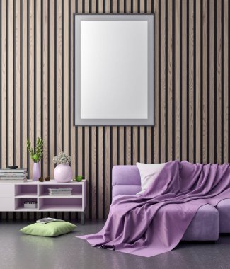 Poster çerçevesi içinde yenilikçi pembe renkler ve ahşap duvar plakalar, 3d illüstrasyon iç arka plan dalga