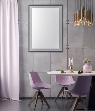 Poster çerçevesi hipster iç arka plan ve beton duvar, 3d çizim kadar alay