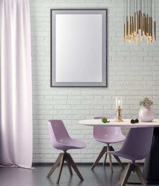 Poster çerçevesi hipster iç arka plan ve tuğla duvar, 3d çizim kadar alay