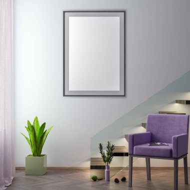 Poster çerçevesi hipster iç arka planda, 3d çizim kadar alay