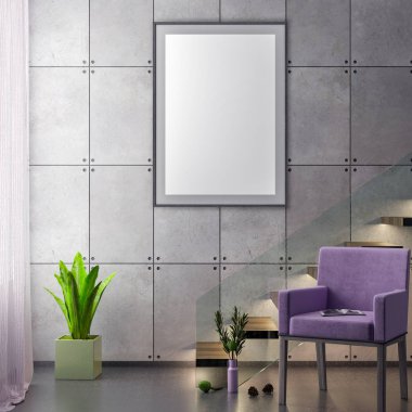 Poster çerçevesi hipster iç arka plan ve beton duvar, 3d çizim kadar alay