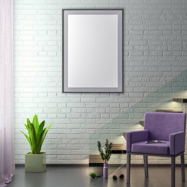 Poster çerçevesi hipster iç arka plan ve tuğla duvar, 3d çizim kadar alay
