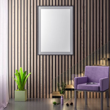Poster çerçevesi içinde yenilikçi pembe renkler ve ahşap duvar plakalar, 3d illüstrasyon iç arka plan dalga