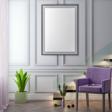 Poster çerçevesi iç arka plan ve klasik duvar, 3d çizim kadar alay