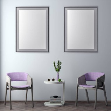 Poster çerçevesi hipster iç arka planda, 3d çizim kadar alay