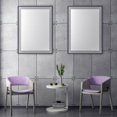 Poster çerçevesi hipster iç arka plan ve beton duvar, 3d çizim kadar alay