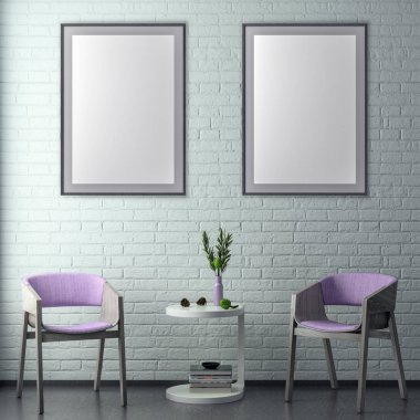 Poster çerçevesi hipster iç arka plan ve tuğla duvar, 3d çizim kadar alay