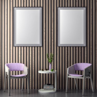 Poster çerçevesi içinde yenilikçi pembe renkler ve ahşap duvar plakalar, 3d illüstrasyon iç arka plan dalga