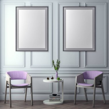 Poster çerçevesi iç arka plan ve klasik duvar, 3d çizim kadar alay