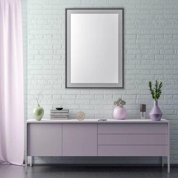 Poster çerçevesi hipster iç arka plan ve tuğla duvar, 3d çizim kadar alay.