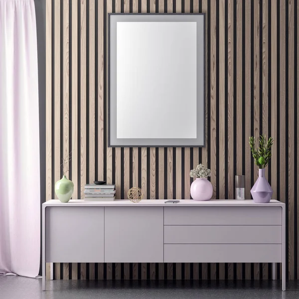 Poster çerçevesi içinde yenilikçi pembe renkler ve ahşap duvar plakalar, 3d illüstrasyon iç arka plan dalga