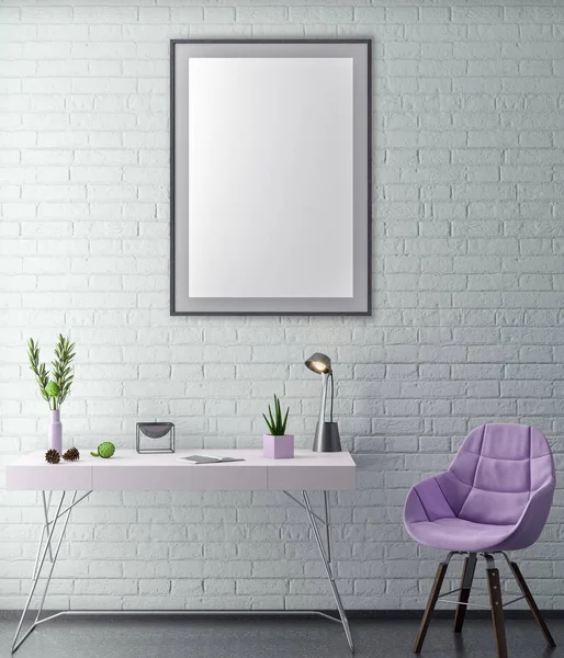 Poster çerçevesi hipster iç arka plan ve tuğla duvar, 3d çizim kadar alay