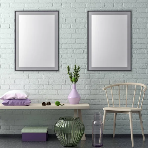 Poster çerçevesi hipster iç arka plan ve tuğla duvar, 3d çizim kadar alay