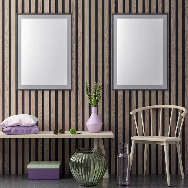 Poster çerçevesi içinde yenilikçi pembe renkler ve ahşap duvar plakalar, 3d illüstrasyon iç arka plan dalga