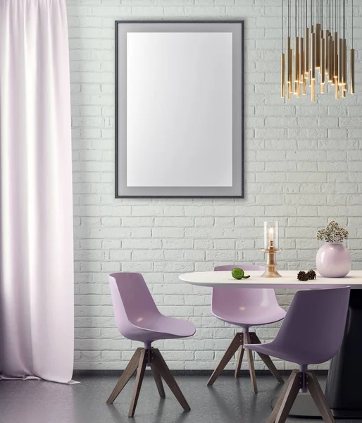 Poster çerçevesi hipster iç arka plan ve tuğla duvar, 3d çizim kadar alay