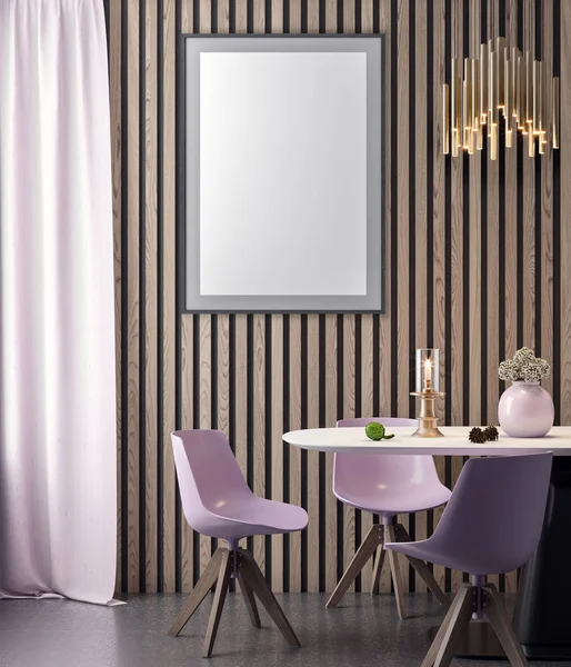 Mock up quadro de cartaz em fundo interior hipster em cores rosa e tábuas de parede de madeira, ilustração 3D — Fotografia de Stock