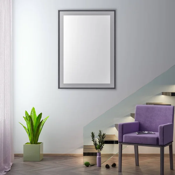 Mock up poster frame in hipster interior background, 3D illustration — Stock Photo, Image