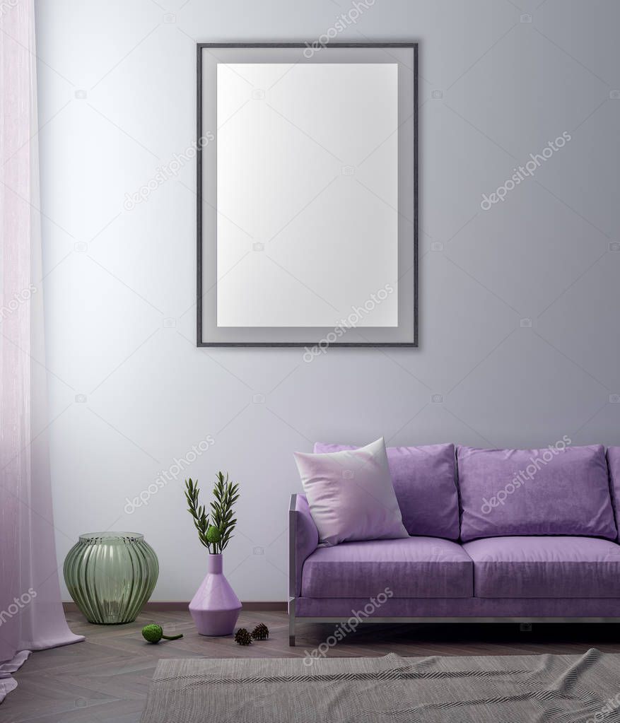 Mock up poster frame in hipster interior background, 3D illustration