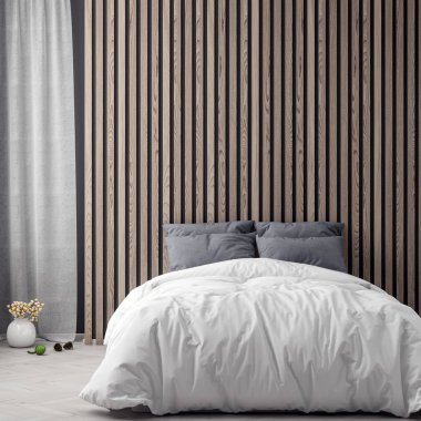 Poster ahşap duvar plakalar, 3d çizim ile yatak odası iç arka plan dalga