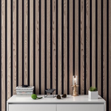 Poster çerçevesi ile ahşap duvar plakalar, 3d illüstrasyon iç arka plan dalga