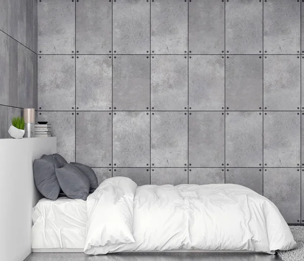 Simular el marco del cartel en el fondo interior del dormitorio con la pared de hormigón, ilustración 3D — Foto de Stock