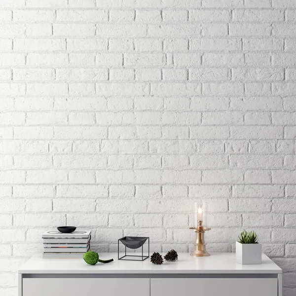 Poster çerçevesi ile tuğla duvar, 3d illüstrasyon iç arka plan dalga