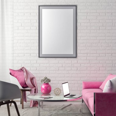 Poster çerçevesi hipster iç arka plan ve tuğla duvar, 3d çizim kadar alay