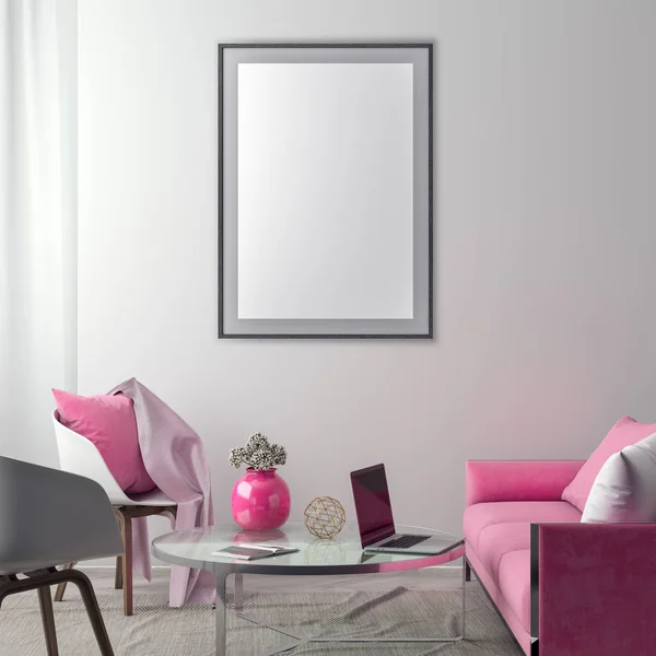 Poster çerçevesi hipster iç arka planda, 3d çizim kadar alay