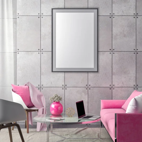 Simular marco de póster en fondo interior hipster y pared de hormigón, Ilustración 3D — Foto de Stock