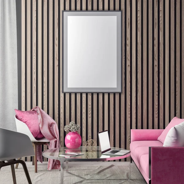Håna upp affischram i hipster interiör bakgrund i rosa färger och trä vägg plankor, 3d illustration — Stockfoto