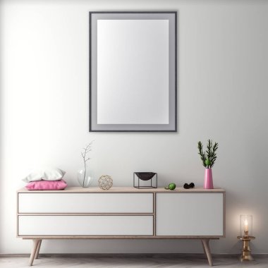 Poster çerçevesi hipster iç arka planda, 3d çizim kadar alay