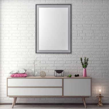 Poster çerçevesi hipster iç arka plan ve tuğla duvar, 3d çizim kadar alay