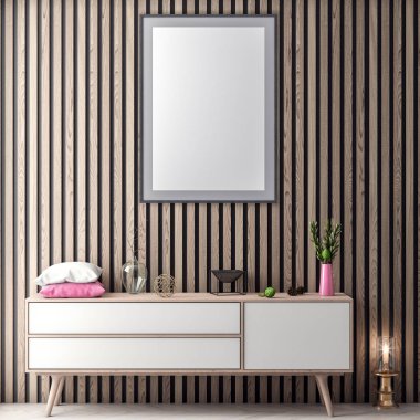 Poster çerçevesi içinde yenilikçi pembe renkler ve ahşap duvar plakalar, 3d illüstrasyon iç arka plan dalga