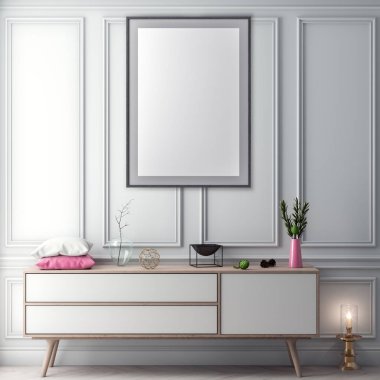 Poster çerçevesi iç arka plan ve klasik duvar, 3d çizim kadar alay