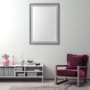 Poster çerçevesi hipster iç arka planda, 3d çizim kadar alay