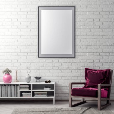 Poster çerçevesi hipster iç arka plan ve tuğla duvar, 3d çizim kadar alay