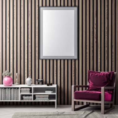 Poster çerçevesi içinde yenilikçi pembe renkler ve ahşap duvar plakalar, 3d illüstrasyon iç arka plan dalga