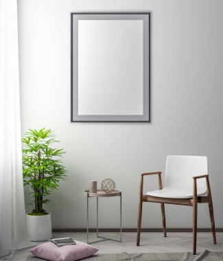 Poster çerçevesi hipster iç arka planda, 3d çizim kadar alay