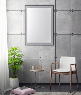 Poster çerçevesi hipster iç arka plan ve beton duvar, 3d çizim kadar alay