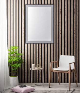 Poster çerçevesi içinde yenilikçi pembe renkler ve ahşap duvar plakalar, 3d illüstrasyon iç arka plan dalga