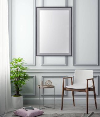 Poster çerçevesi iç arka plan ve klasik duvar, 3d çizim kadar alay