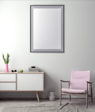 Poster çerçevesi hipster iç arka planda, 3d çizim kadar alay