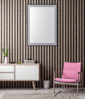 Poster çerçevesi içinde yenilikçi pembe renkler ve ahşap duvar plakalar, 3d illüstrasyon iç arka plan dalga
